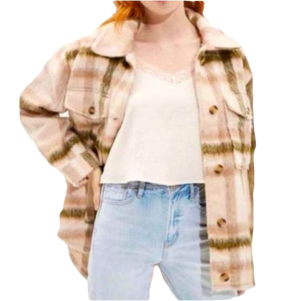 American Eagle Brushed Check Plaid Fuzzy Jacket Size S